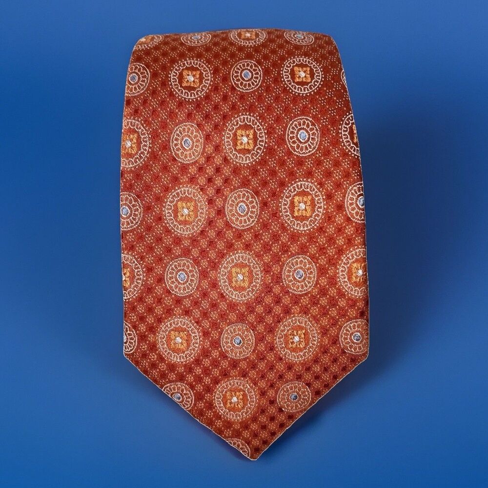 Broletto Mens 100% Silk Necktie Orange/White/Blue Geometric Circle Formal EUC